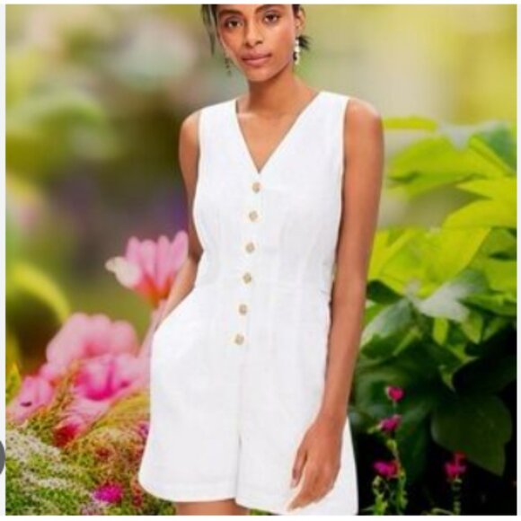 NWT LOFT White Linen Blend Sleeveless‎ Button-Front Romper Sz 12 - Picture 1 of 14